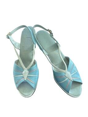 Vintage 1950s Penaljo Pastel Wedge Slingback Heels Blue Pink 9N USA